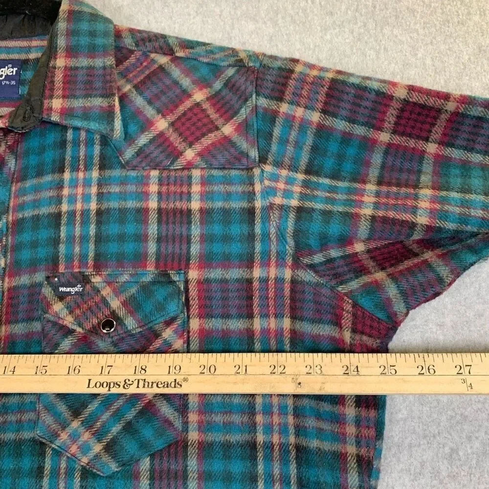 Wrangler Mens Size 17.5 Button Front Shirt Green Red Plaid Long Tails Pocket